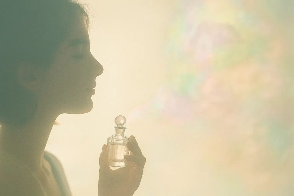 Silhueta de uma mulher em perfil segurando um frasco de perfume de vidro clássico, do qual emana uma névoa etérea em tons pastéis, com fragmentos difusos de memórias flutuando no ar